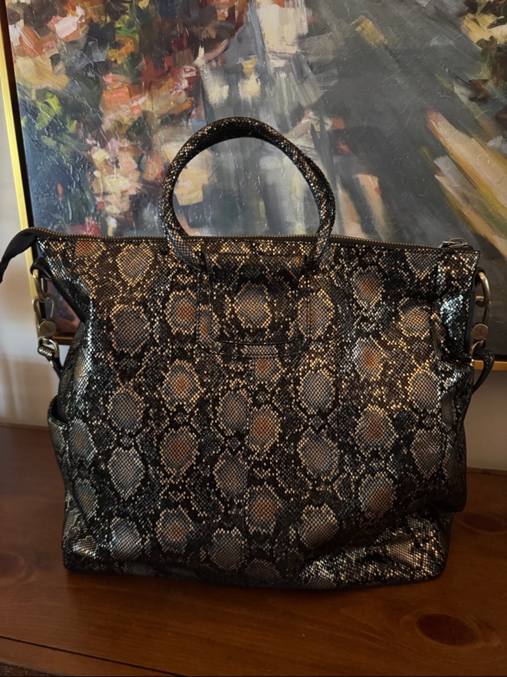 EUC HOBO Sheila Black & Metallic Snakeskin Tote Bag - Picture 2 of 4